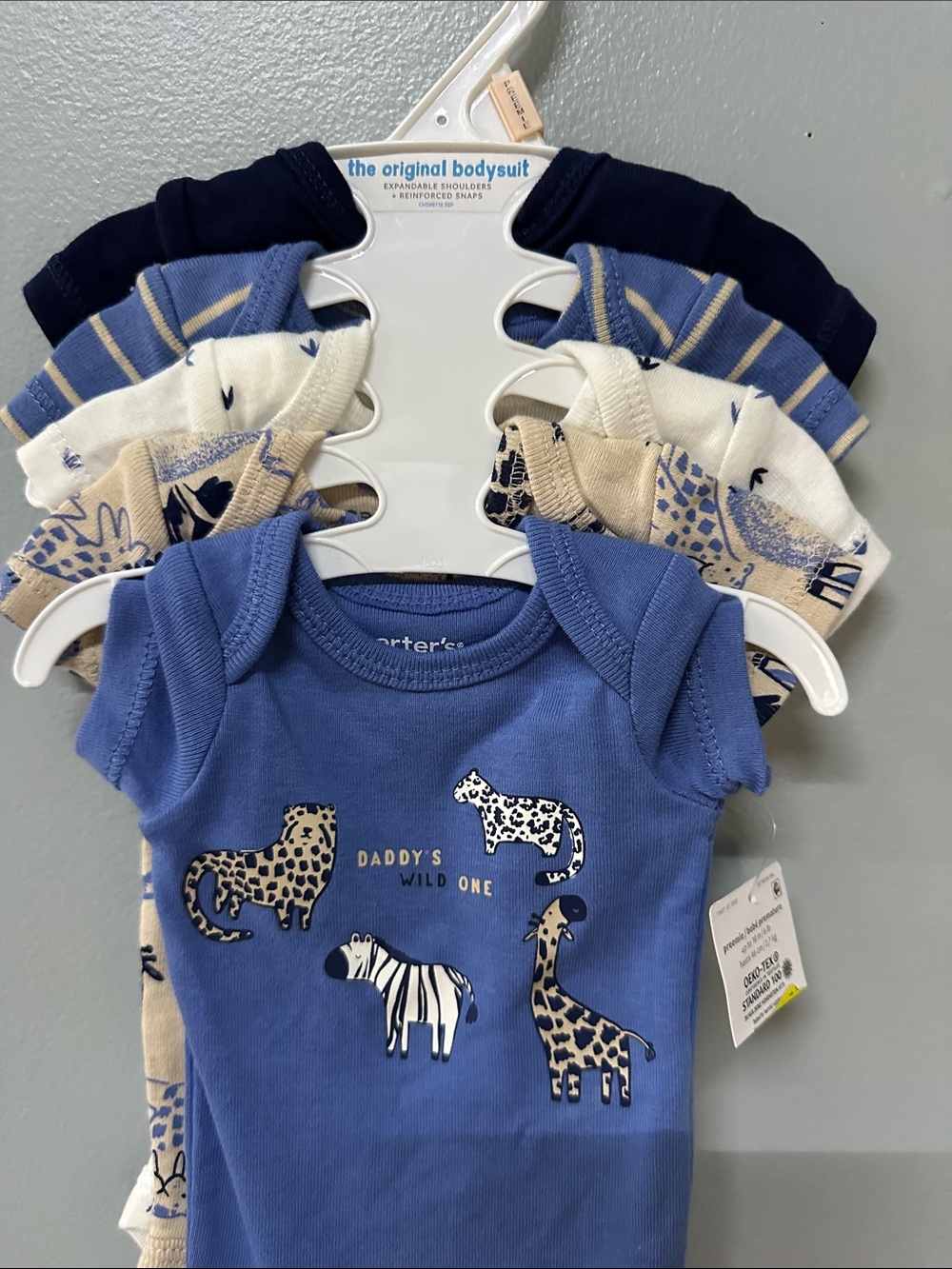 Carter's Preemie 5pk Blue and Navy Safari Animal Bodysuits